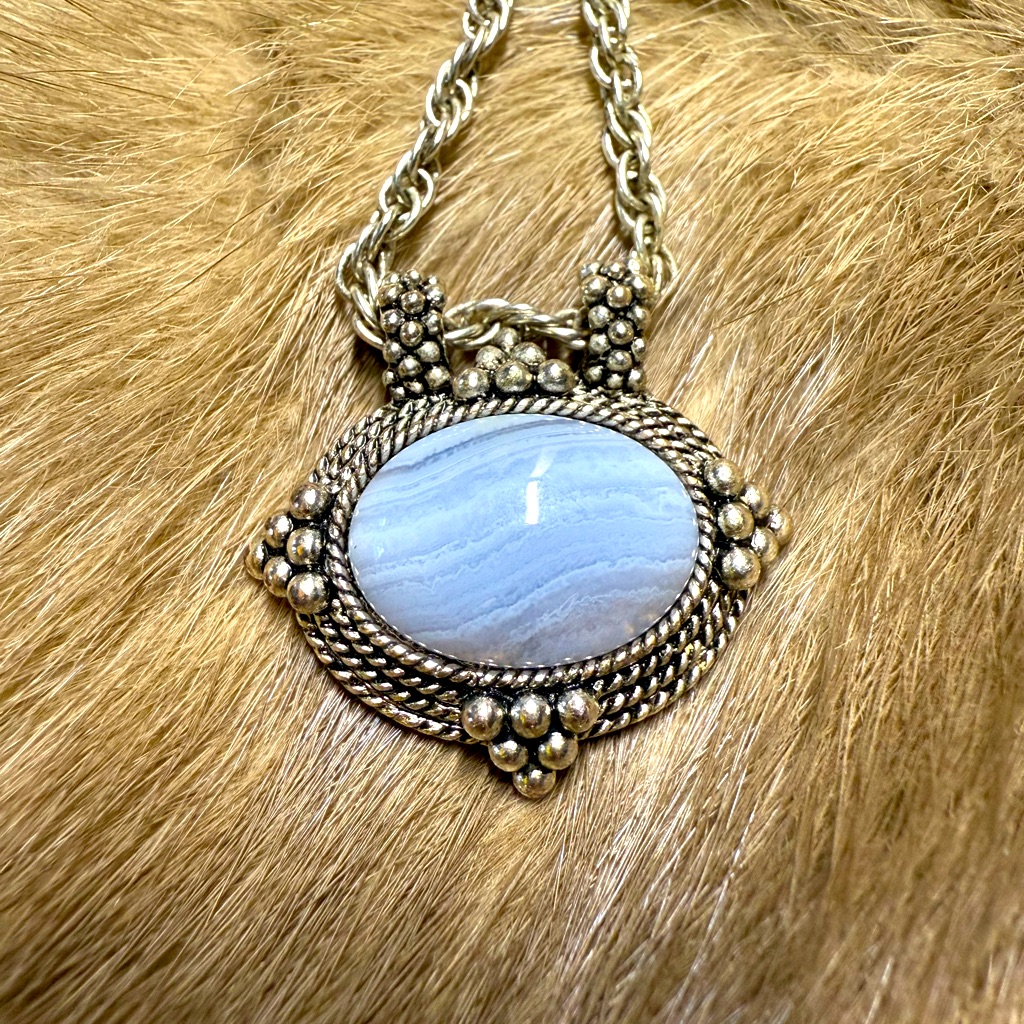 Vintage Blue Lace Agate Pendant And Necklace 1928